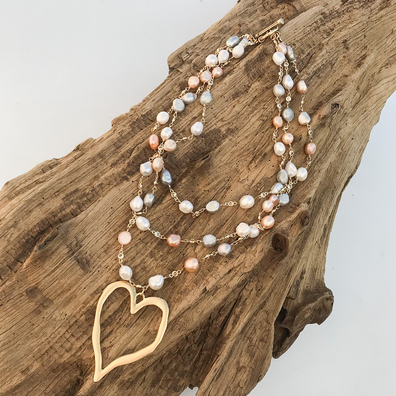 Pearl Bezel Rosary Triple Layer w/ XL Heart