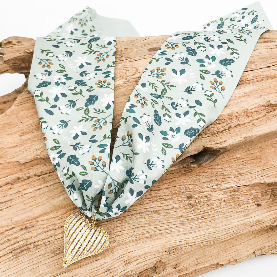 Ribbon CZ Heart On Scarf Necklace