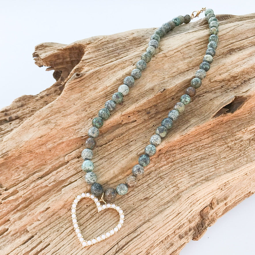 8mm Gemstone Necklace with Pearl Heart