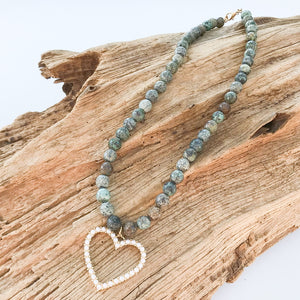 8mm Gemstone Necklace with Pearl Heart