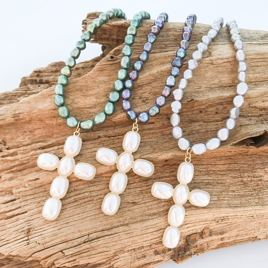 Puff Pearl Cross on Freshwater Pearl Necklace