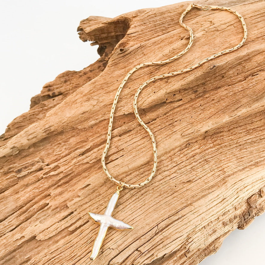 Natural Pearl Cross on Large Interlink Necklace
