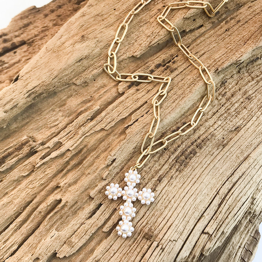 Pearl Flowered Cross on Paperclip