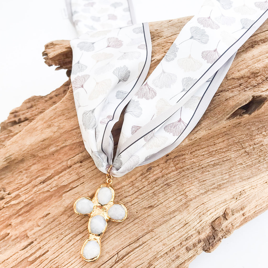 Gemstone Cross on Scarf Necklace