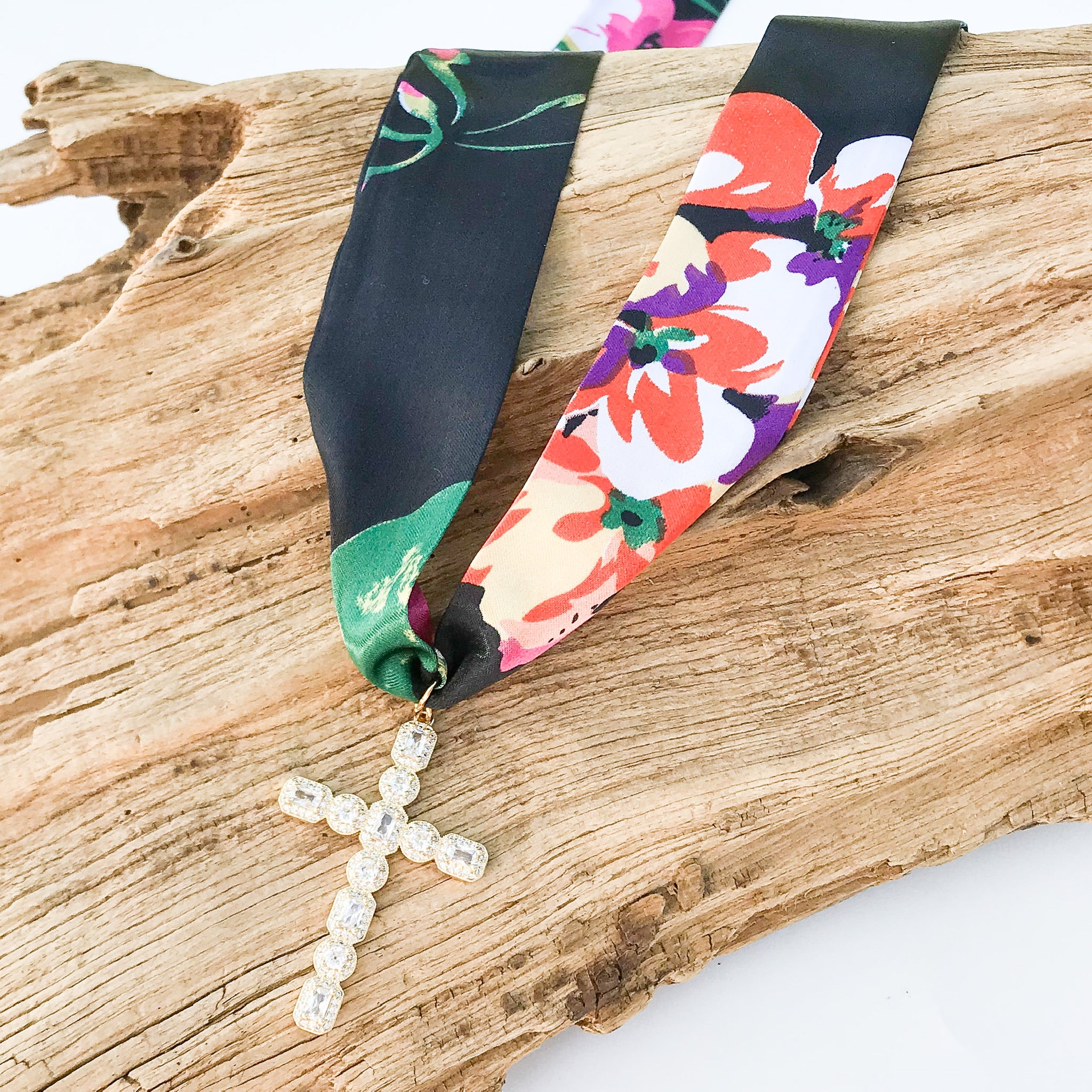 Large Rhinestone Cross on Scarf Necklace
