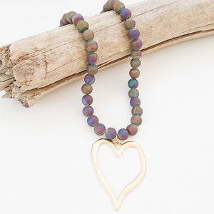 Gemstone Beaded Necklace w/ XL Heart