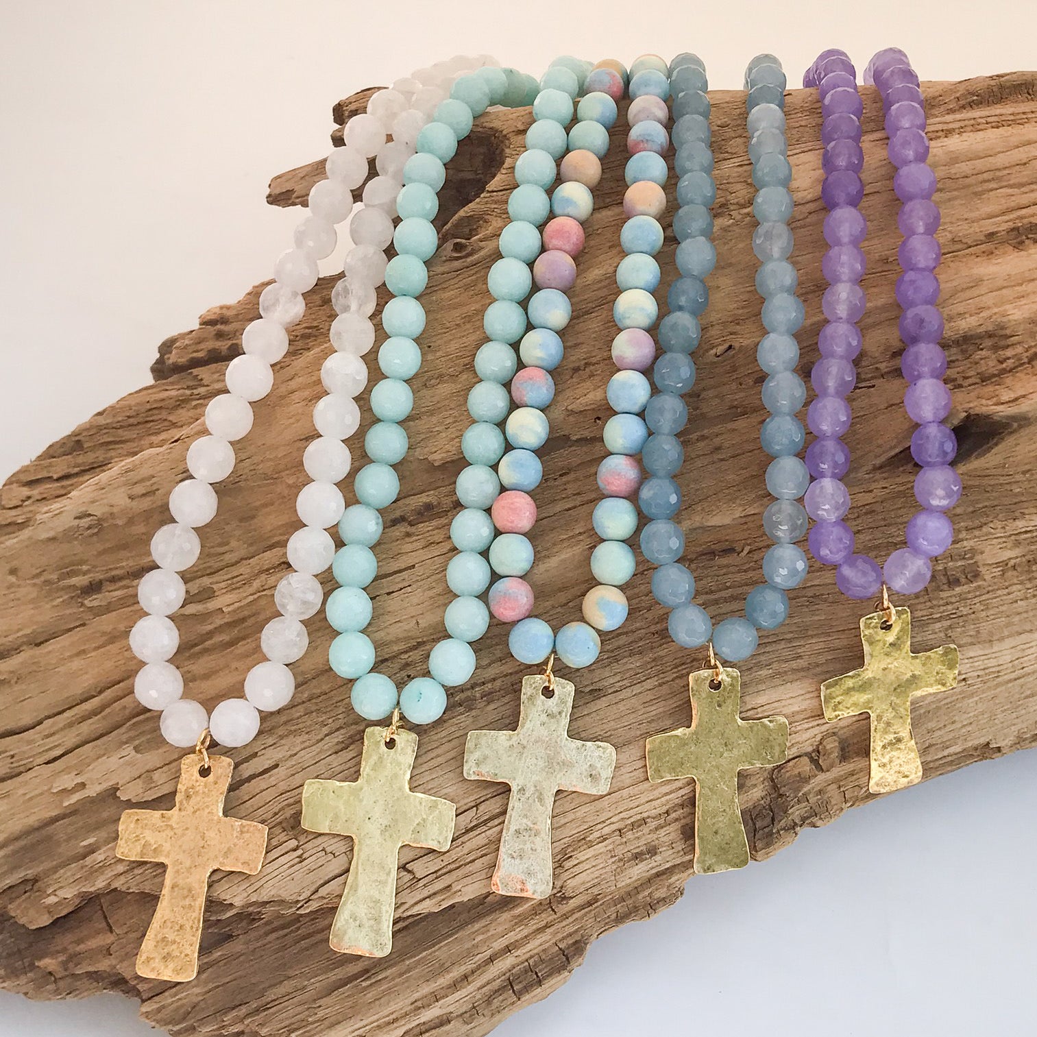 Gemstone Hammered Cross Necklace