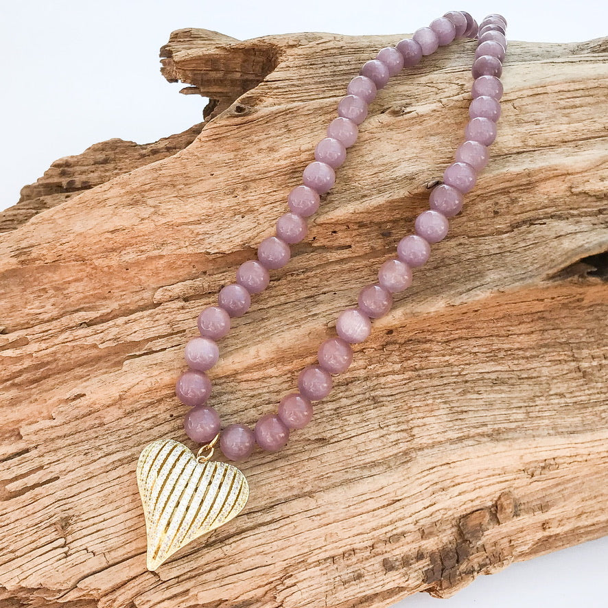 Ribbon Heart on 10mm Gemstone Necklace
