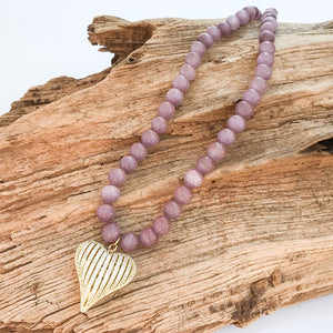 Ribbon Heart on 10mm Gemstone Necklace