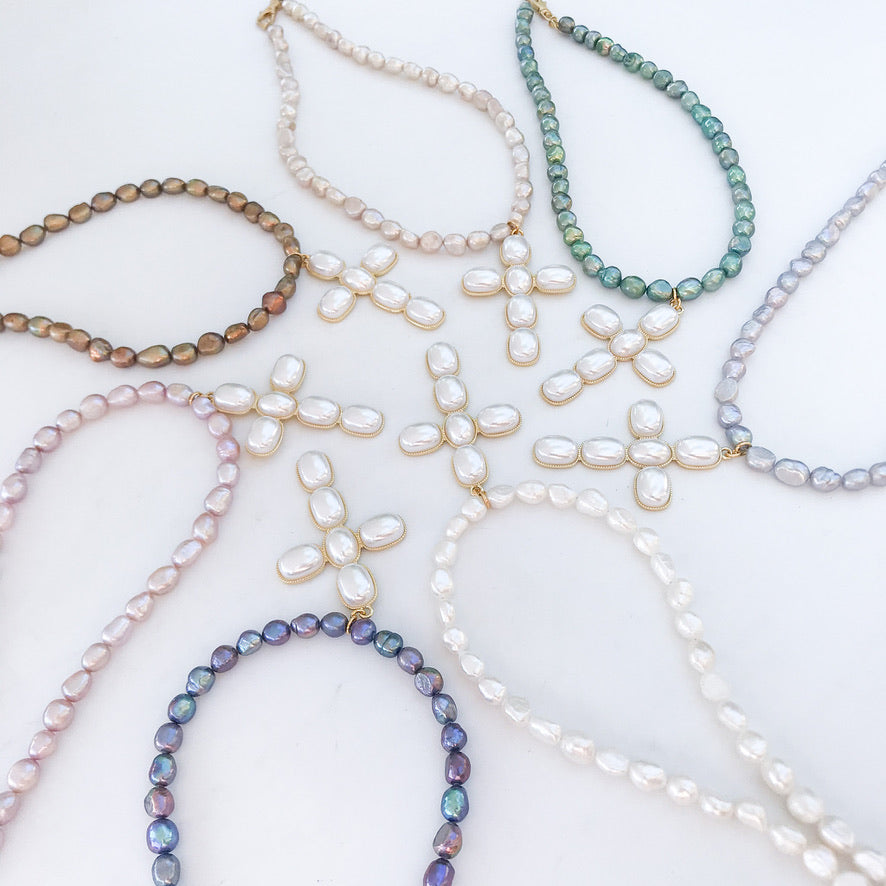 Puff Pearl Cross on Freshwater Pearl Necklace