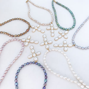 Puff Pearl Cross on Freshwater Pearl Necklace