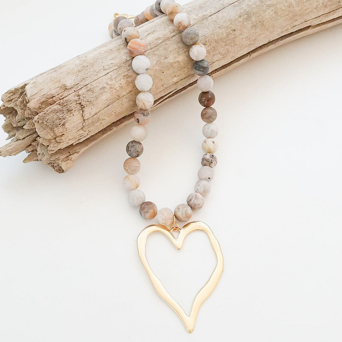 Gemstone Beaded Necklace w/ XL Heart
