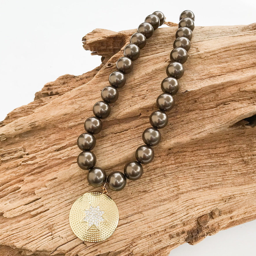 Starburst CZ Pendant on Jumbo Pearl Necklace