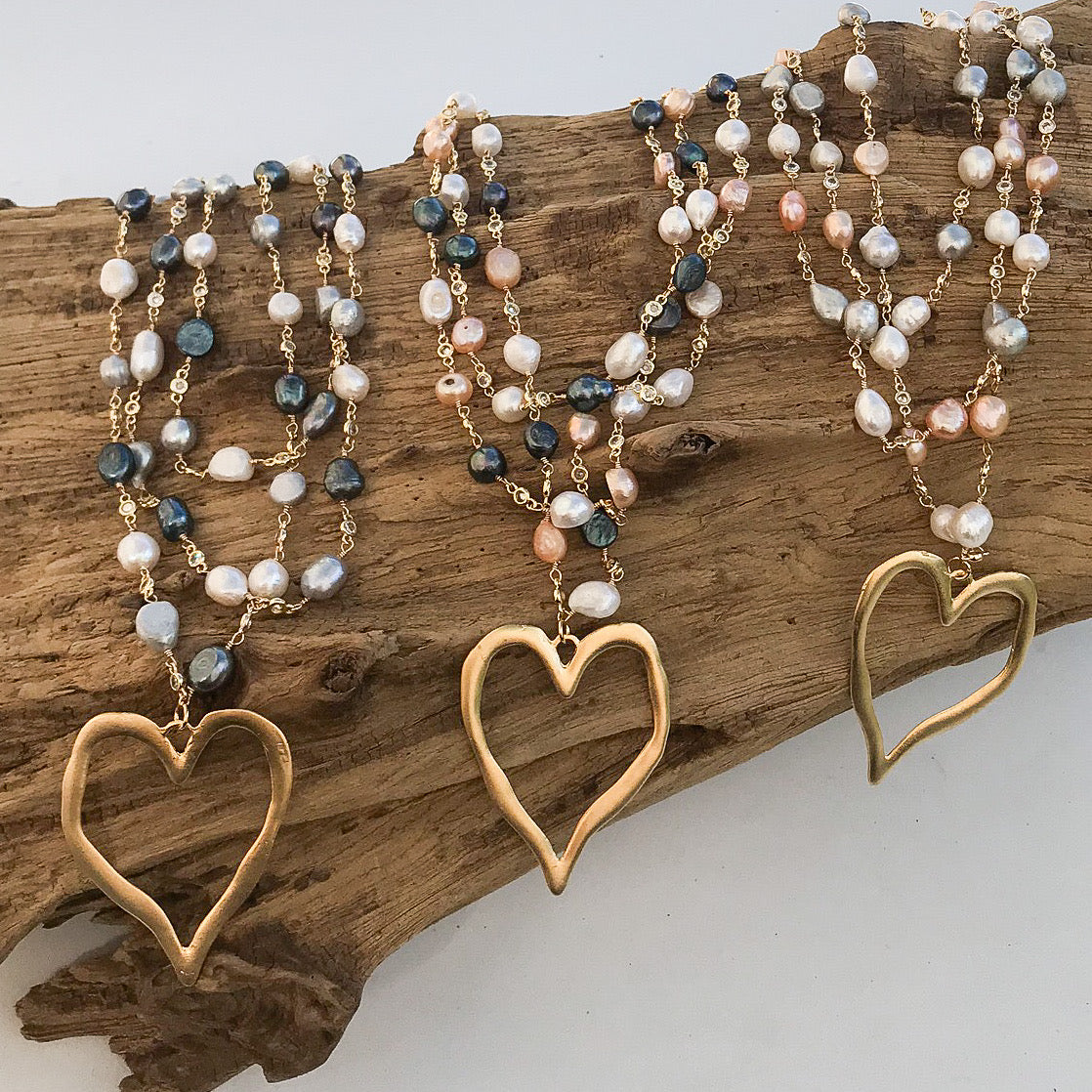 Pearl Bezel Rosary Triple Layer w/ XL Heart