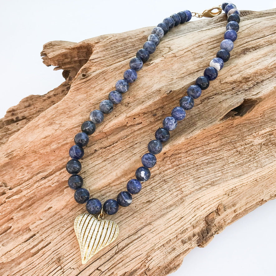 Ribbon Heart on 10mm Gemstone Necklace