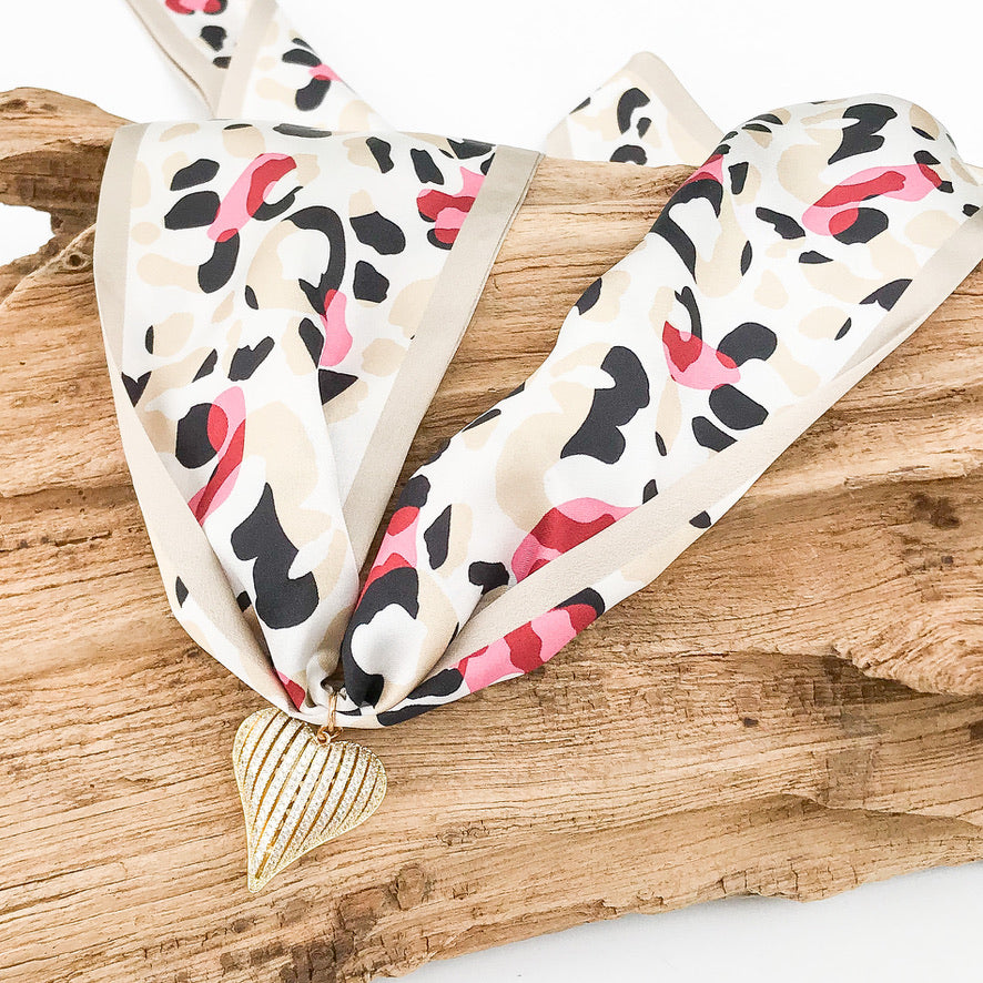 Ribbon CZ Heart On Scarf Necklace