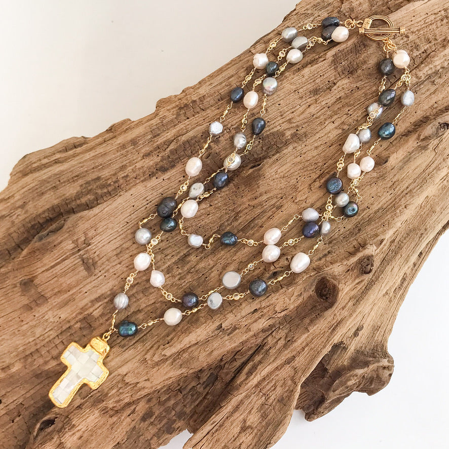 Pearl Bezel Rosary Triple Layer w/ Cross