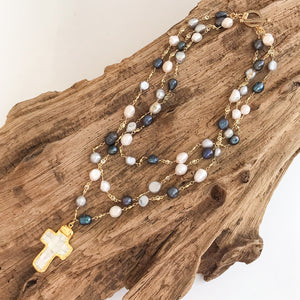 Pearl Bezel Rosary Triple Layer w/ Cross