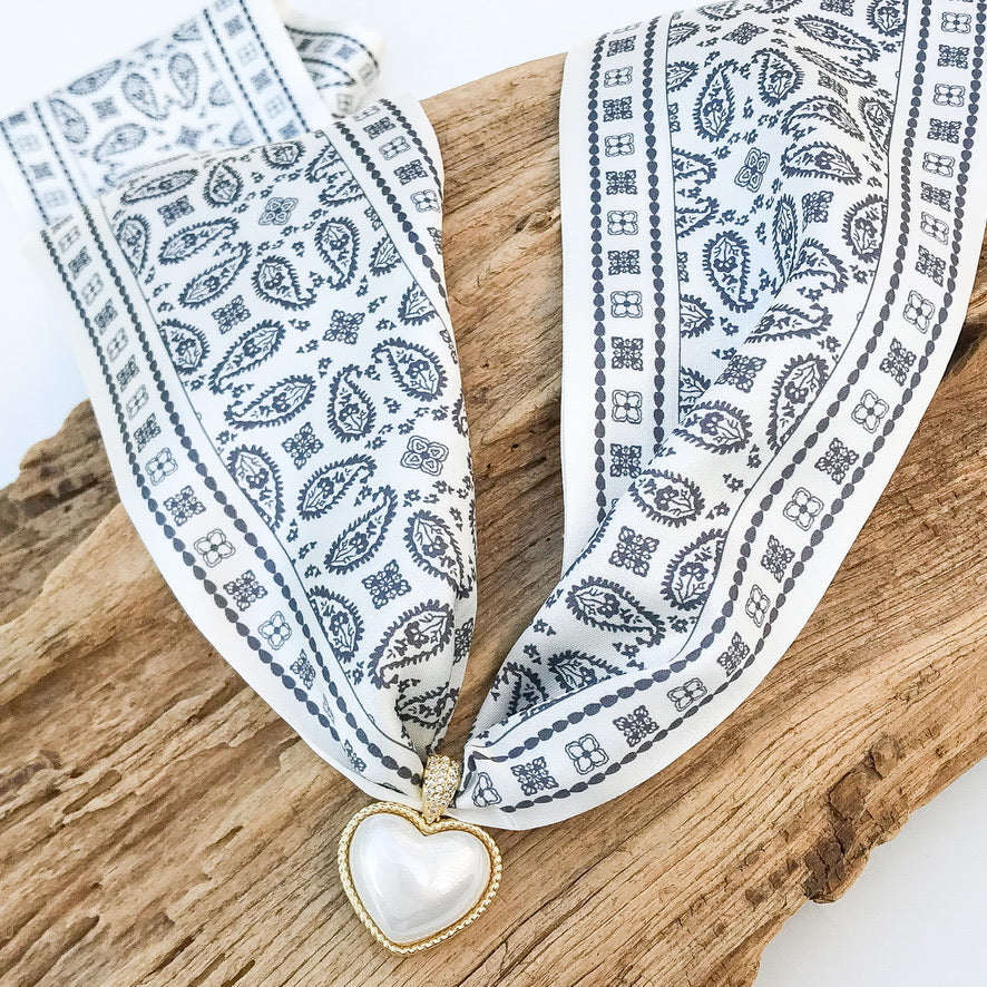 Puff Pearl Heart on Scarf Necklace