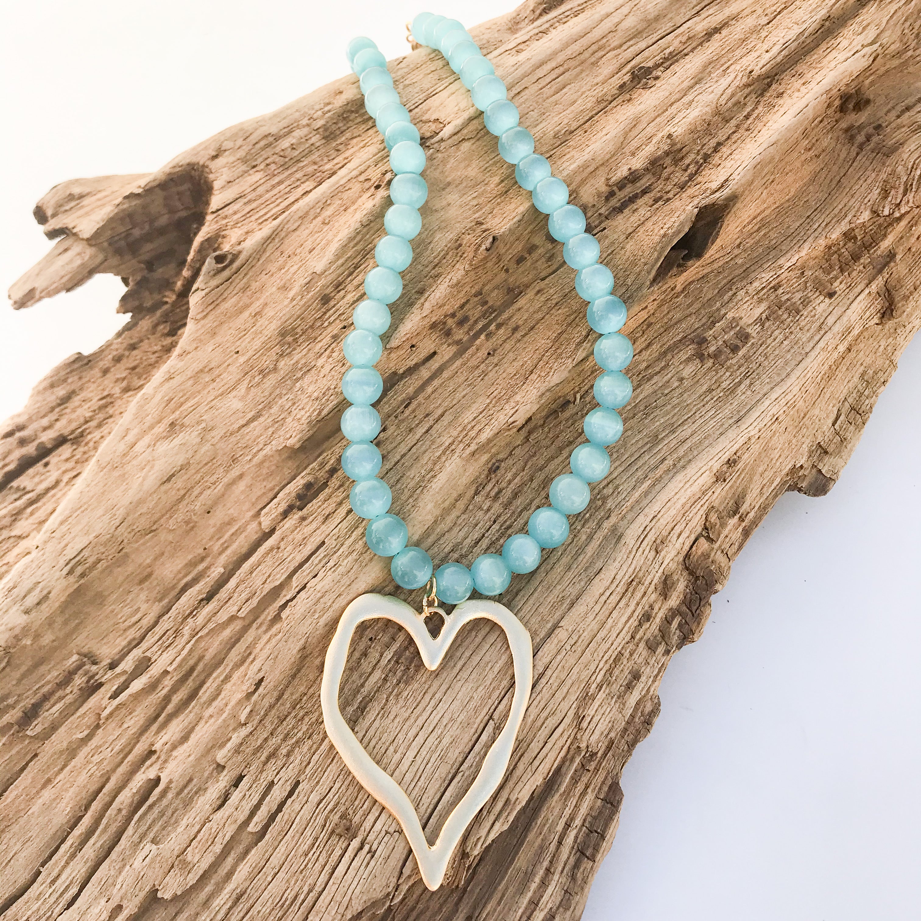 Gemstone Beaded Necklace w/ XL Heart