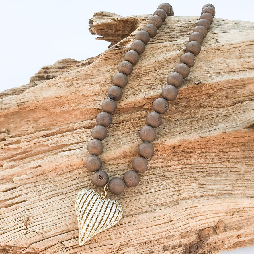 Ribbon Heart on 10mm Gemstone Necklace
