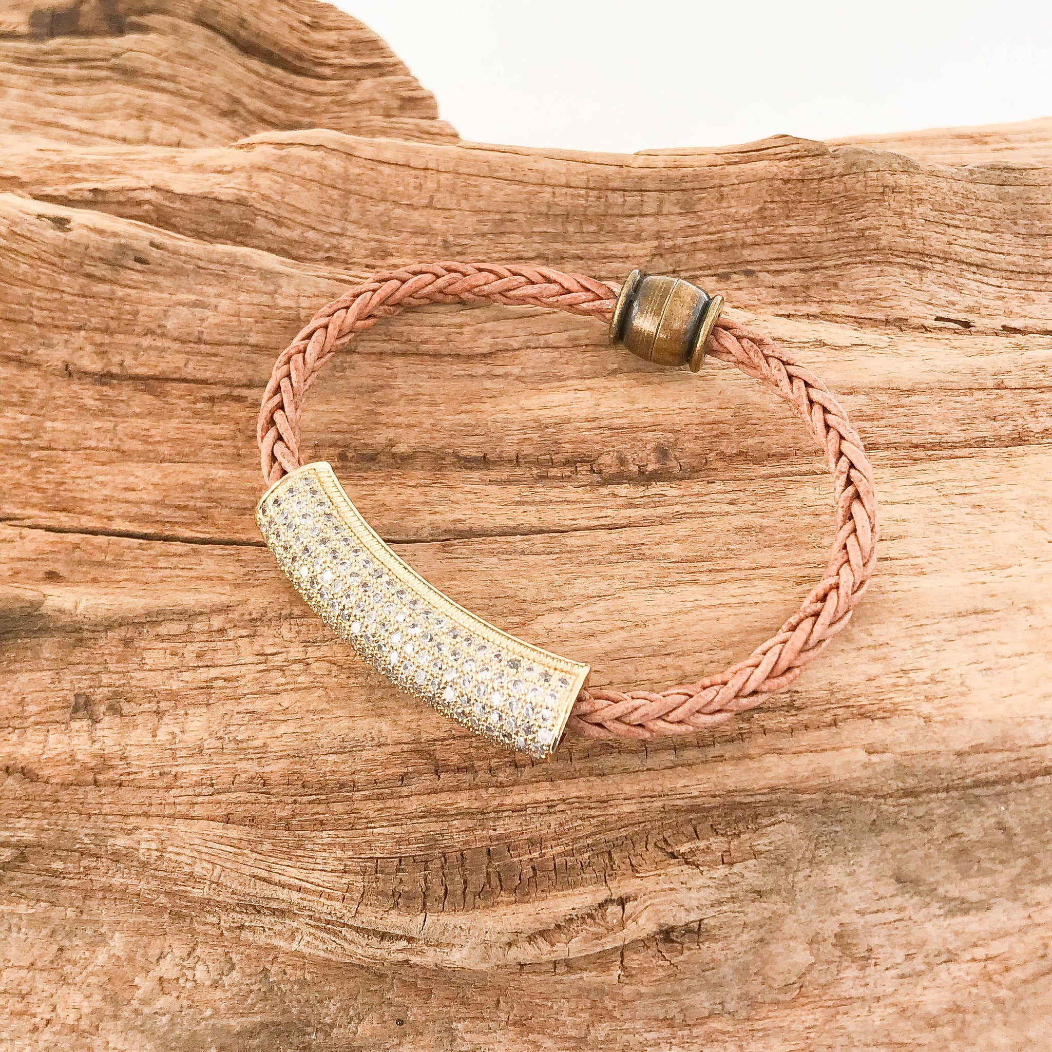 Pave Tube on Leather Bracelet