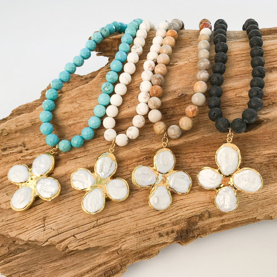 Pearl Clover Cross on 10MM Gemstone