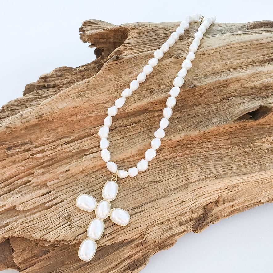 Puff Pearl Cross on Freshwater Pearl Necklace