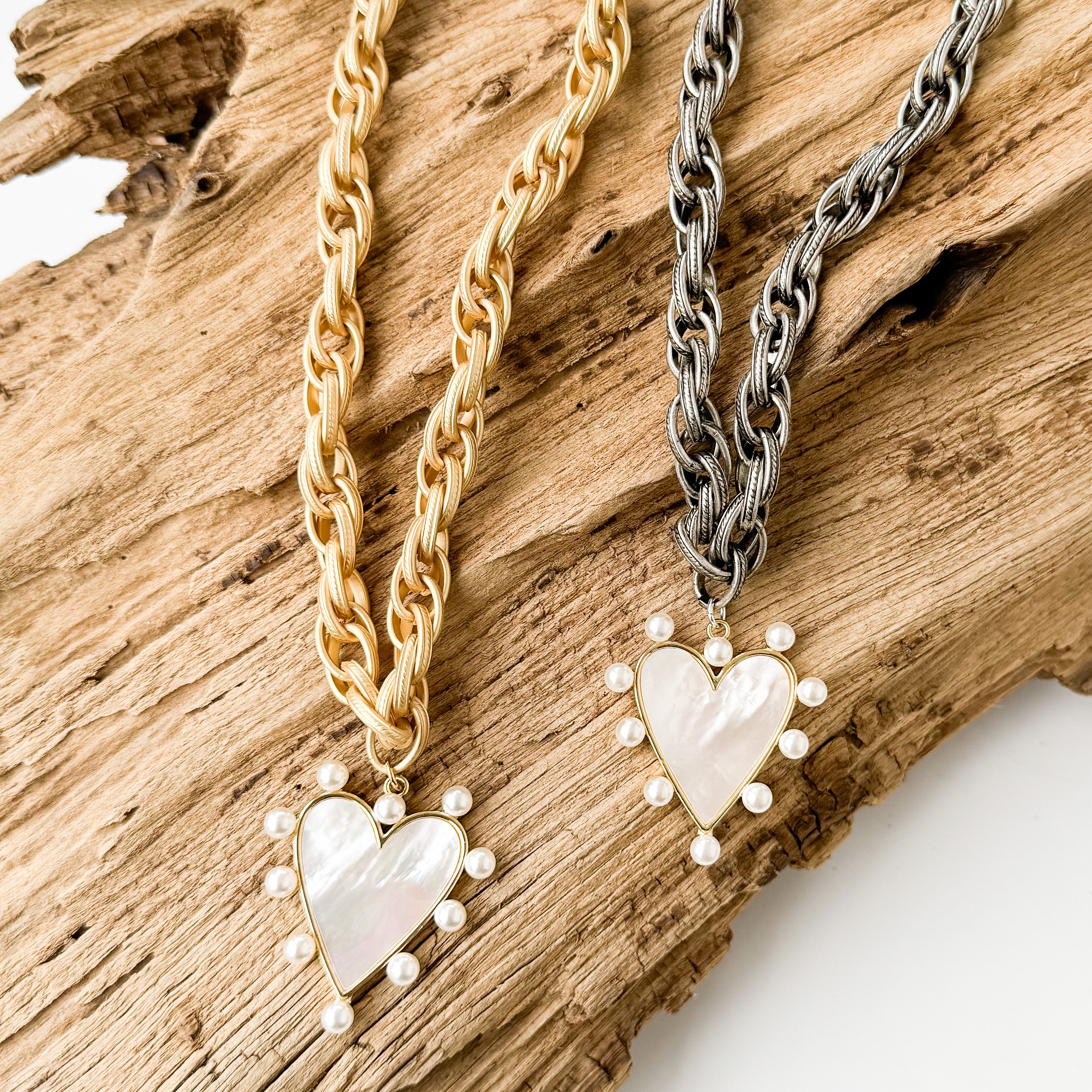 Pearl Studded Heart on Twisted Etched Chain