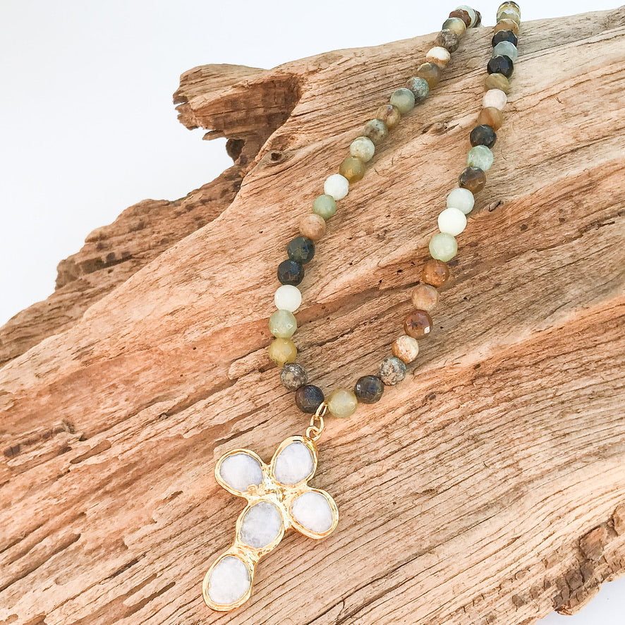Gemstone Cross on 8mm Gemstone Necklace