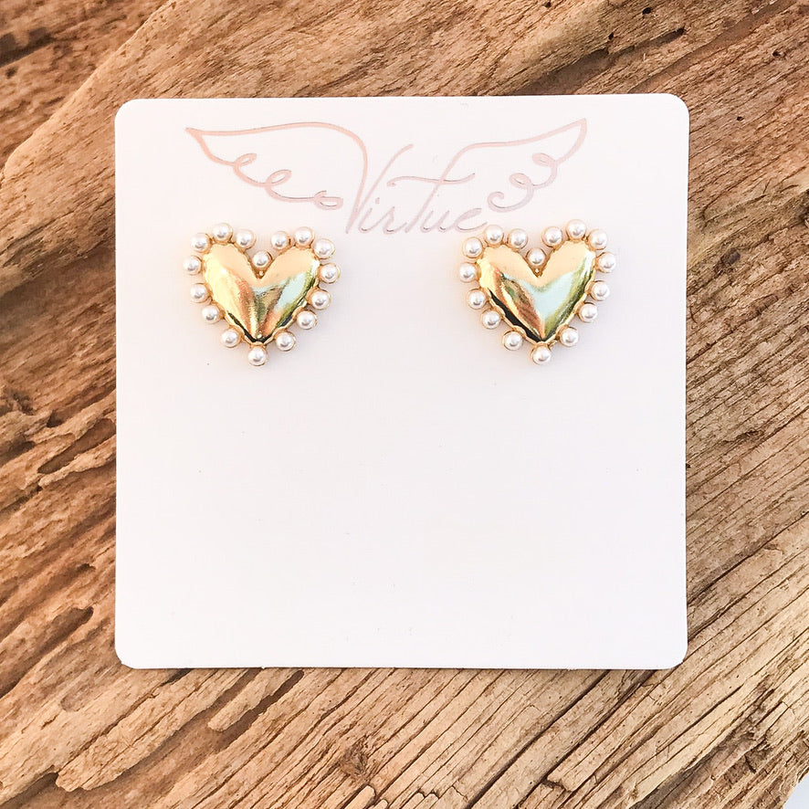 Pearl Studded Medal Heart Earrings