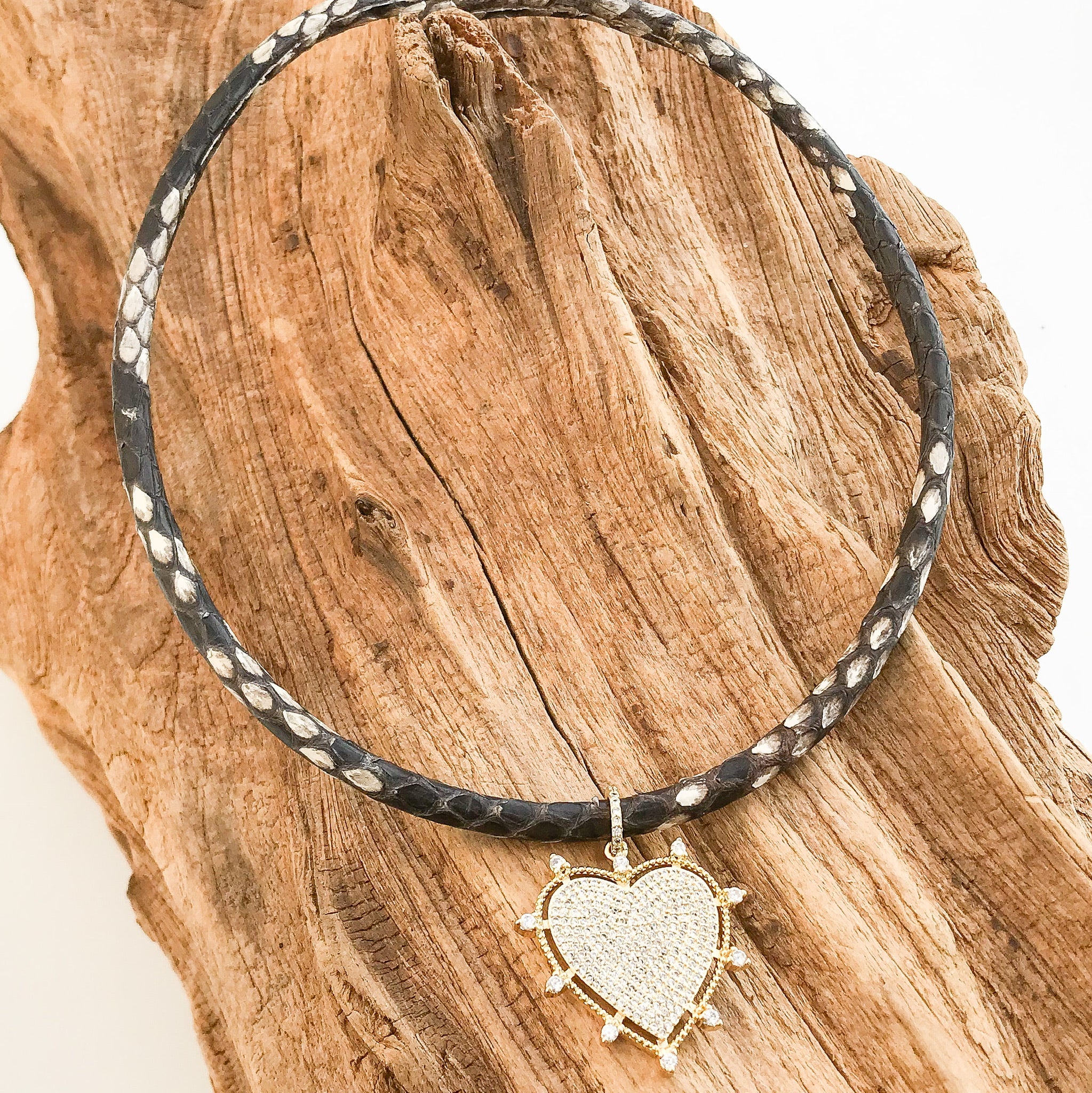 Rhinestone Studded Heart on Leather Necklace