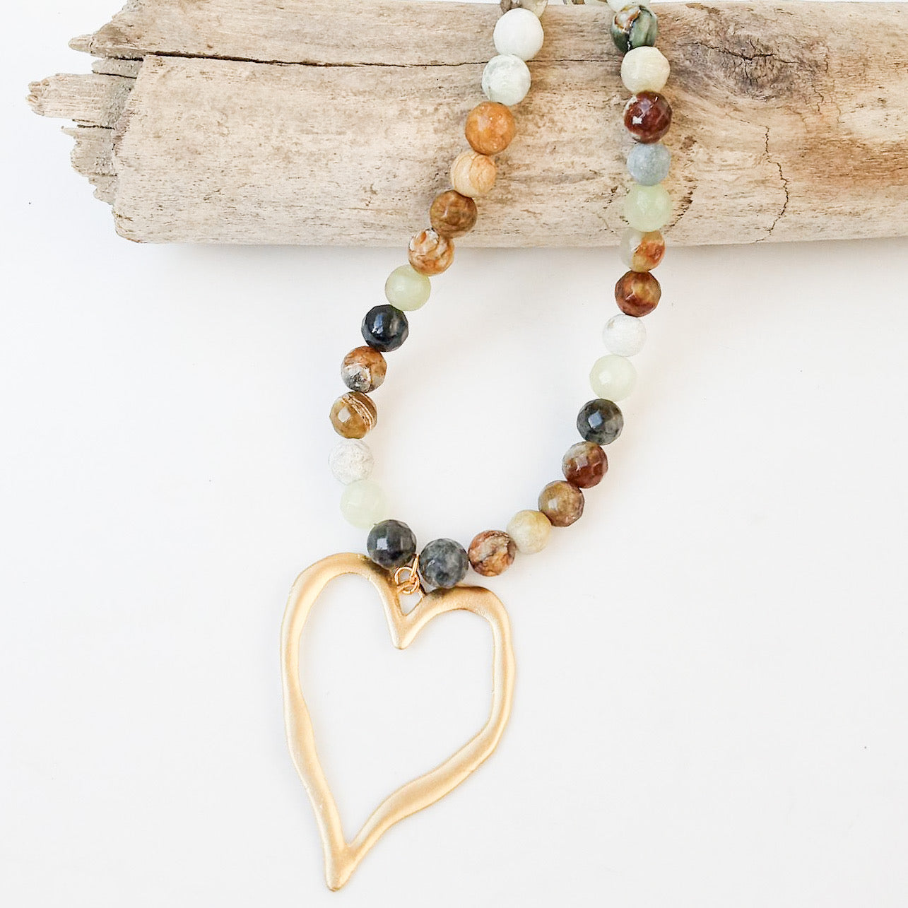 Gemstone Beaded Necklace w/ XL Heart