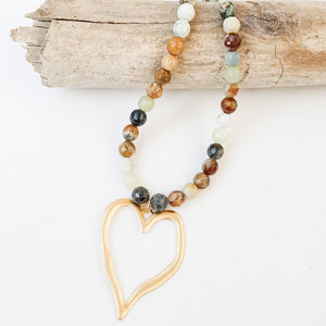 Gemstone Beaded Necklace w/ XL Heart
