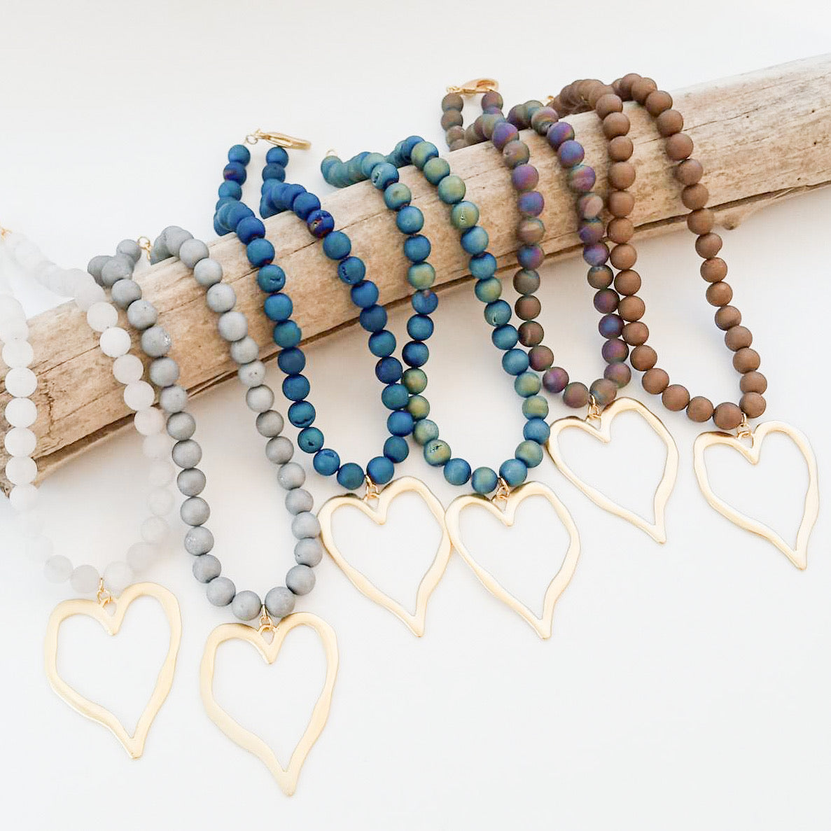 Gemstone Beaded Necklace w/ XL Heart