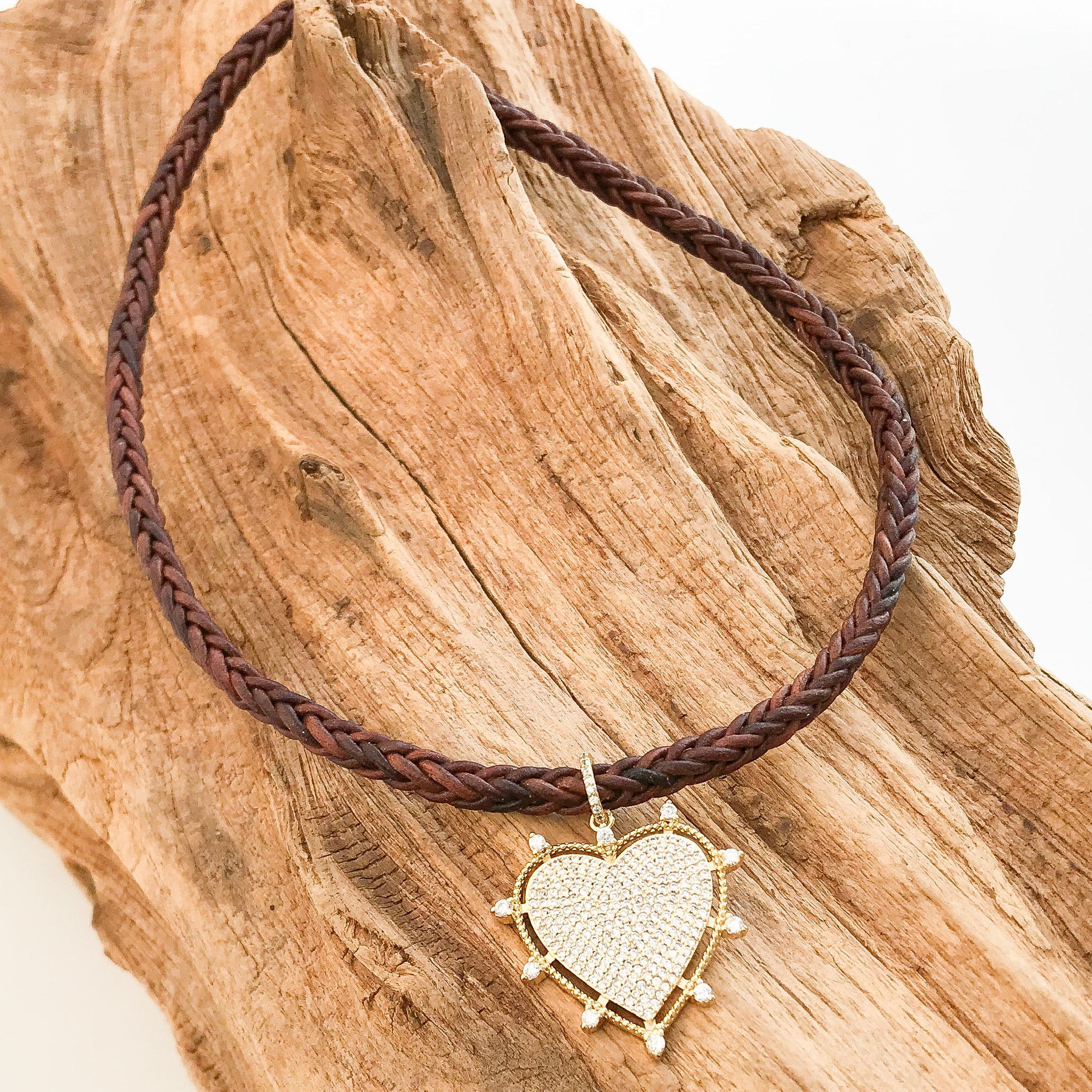 Rhinestone Studded Heart on Leather Necklace
