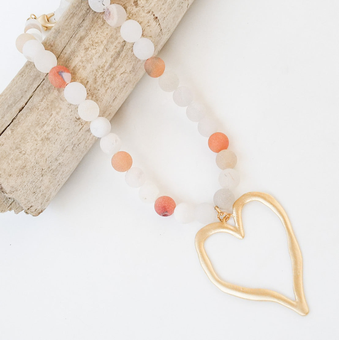 Gemstone Beaded Necklace w/ XL Heart
