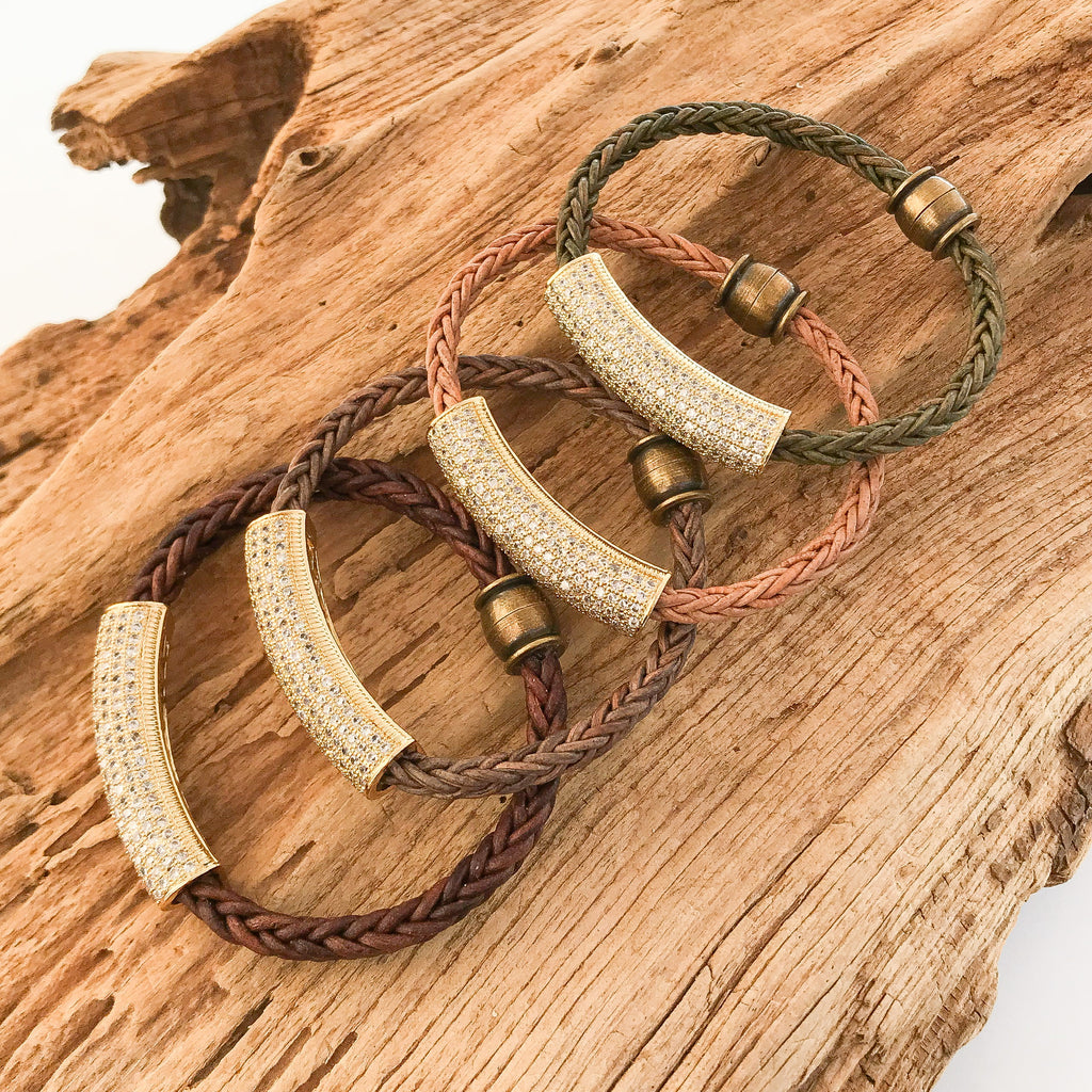 Pave Tube on Leather Bracelet