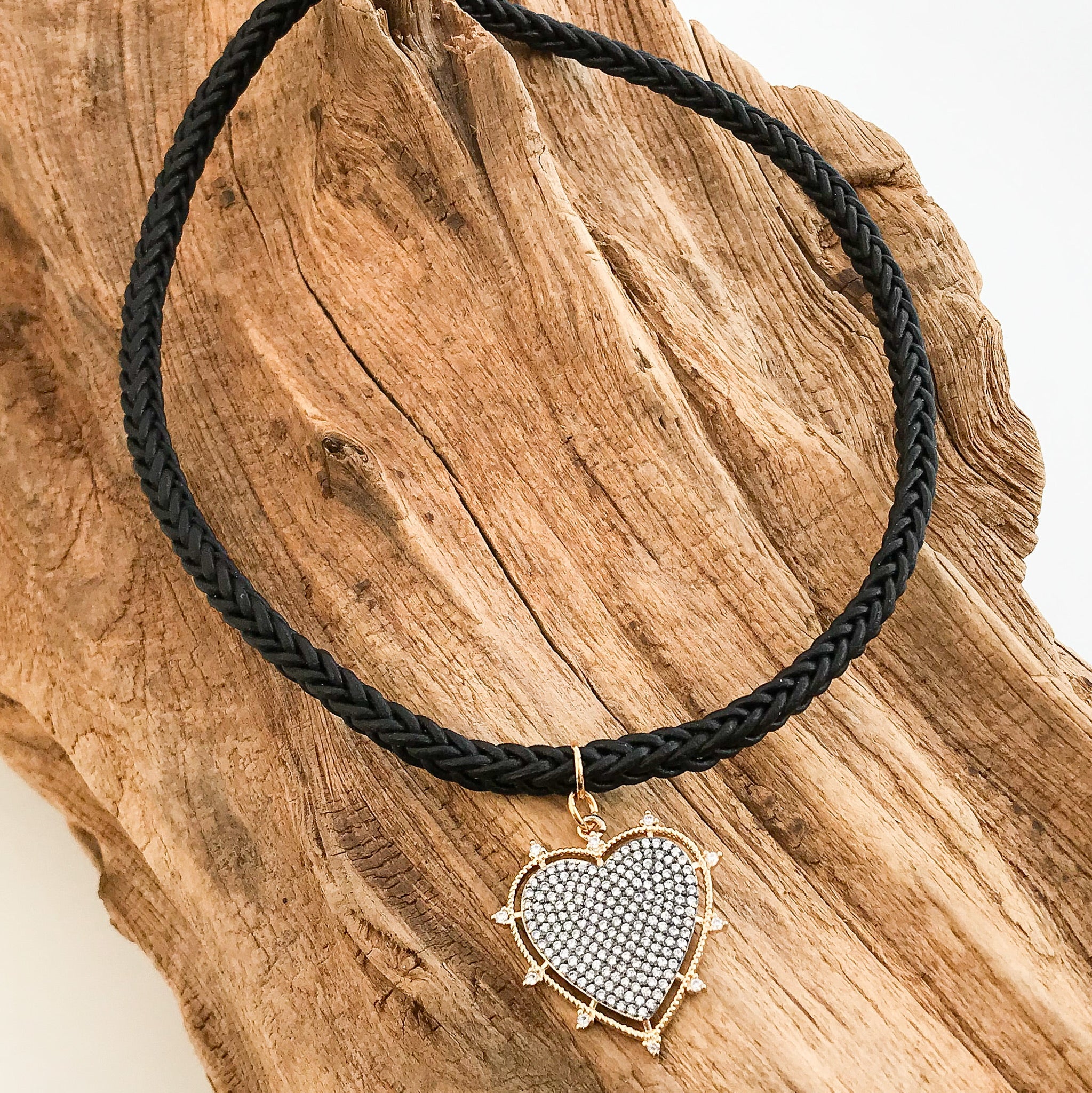 Rhinestone Studded Heart on Leather Necklace