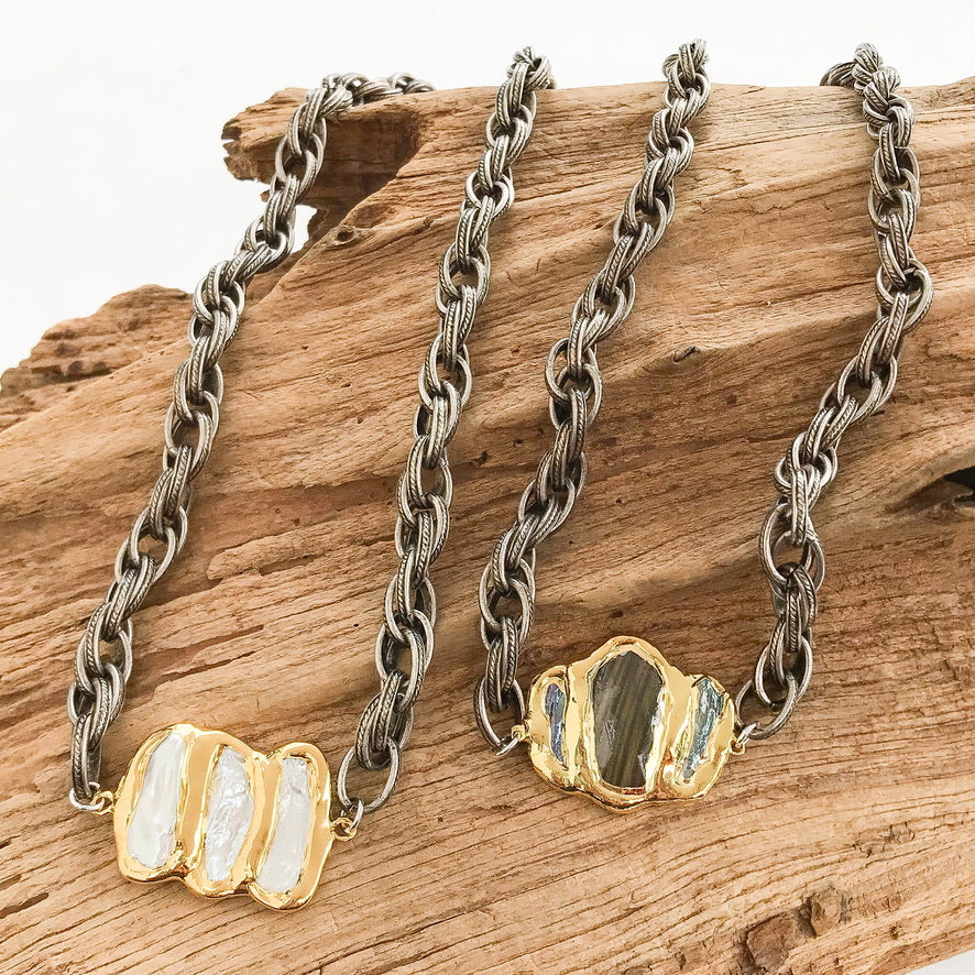 Triple Pearl on Twisted Etched Necklace