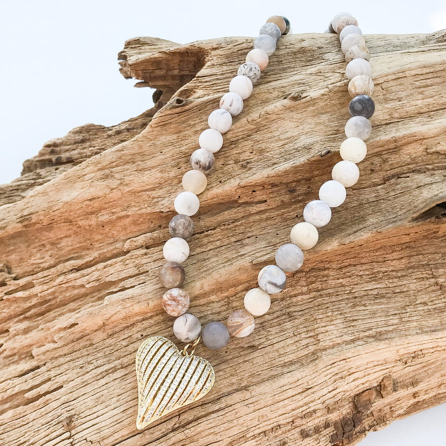 Ribbon Heart on 10mm Gemstone Necklace