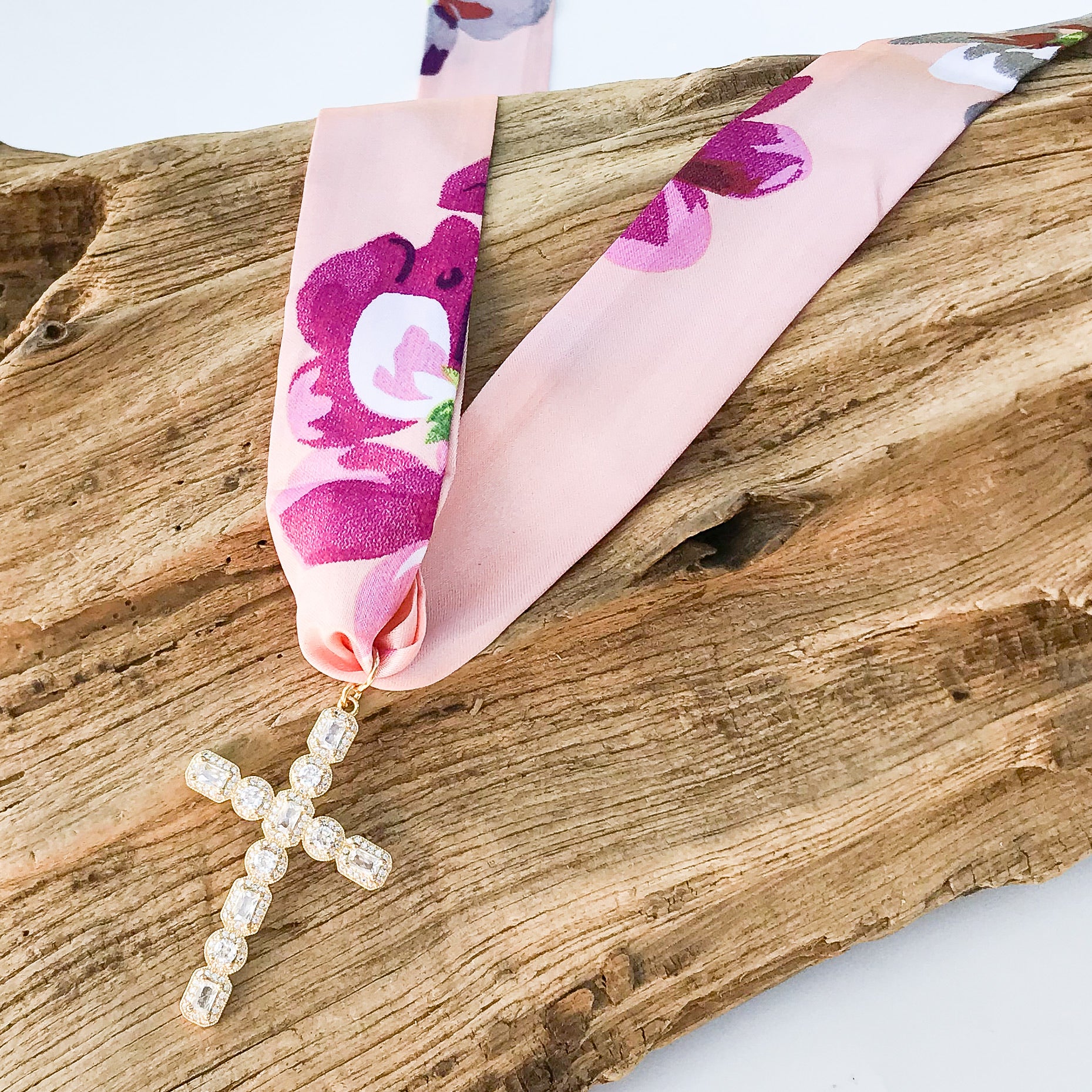 Large Rhinestone Cross on Scarf Necklace