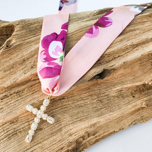 Large Rhinestone Cross on Scarf Necklace