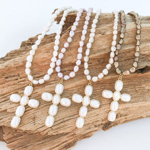 Puff Pearl Cross on Freshwater Pearl Necklace