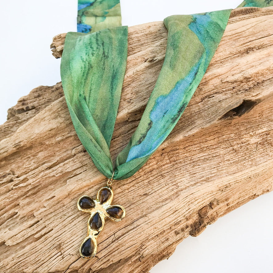 Gemstone Cross on Scarf Necklace