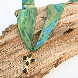Gemstone Cross on Scarf Necklace