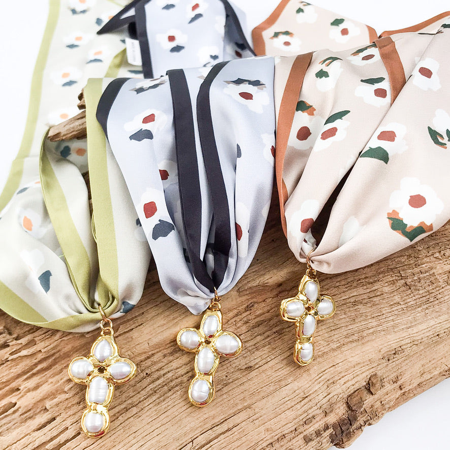 Potato Pearl Cross on Scarf Necklace