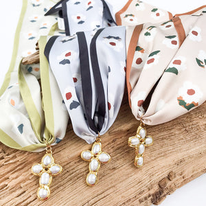 Potato Pearl Cross on Scarf Necklace