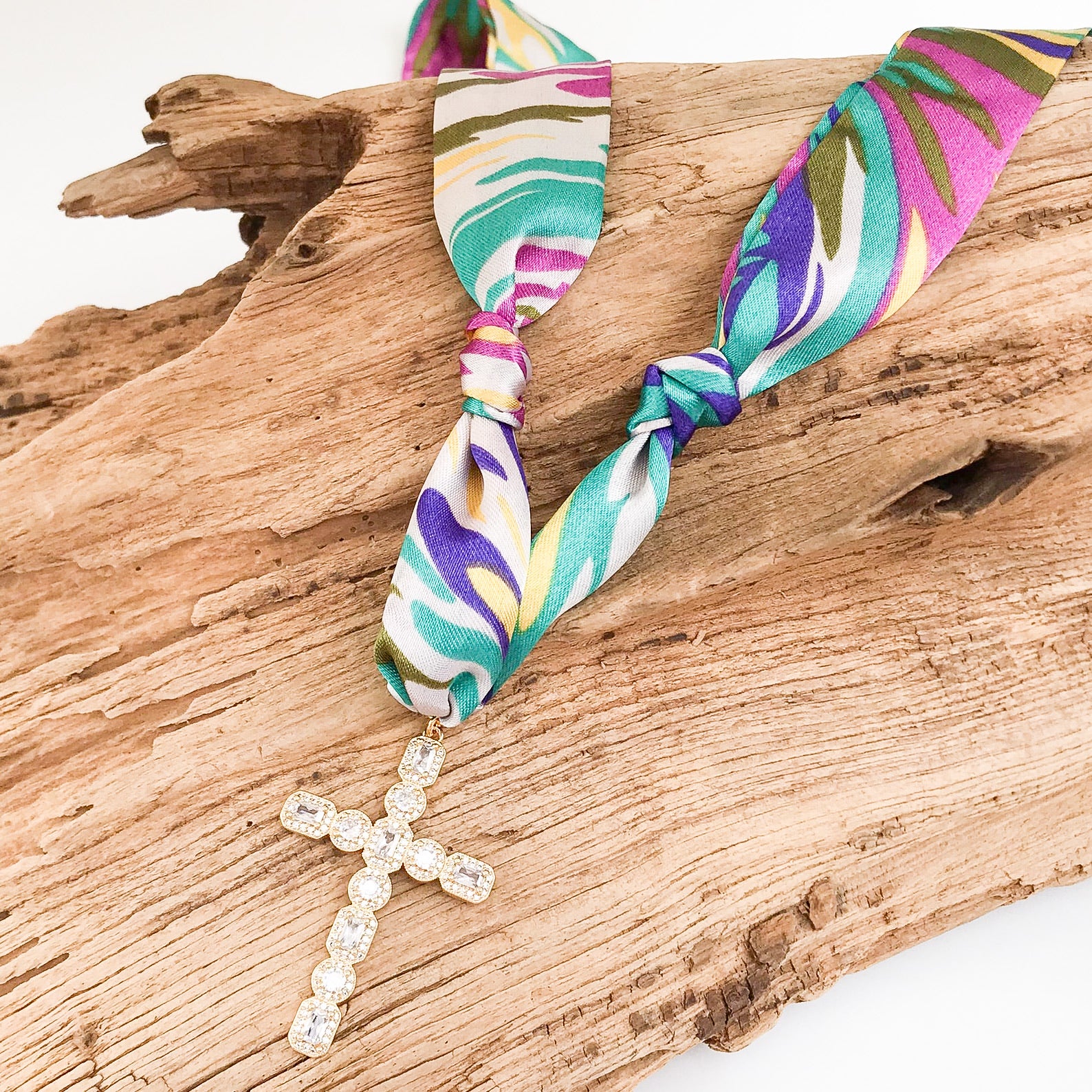 Large Rhinestone Cross on Scarf Necklace