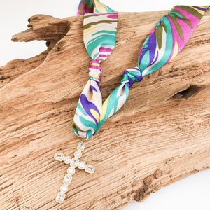 Large Rhinestone Cross on Scarf Necklace